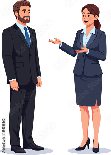 Professional man and woman in business suits engaged in a friendly corporate discussion.