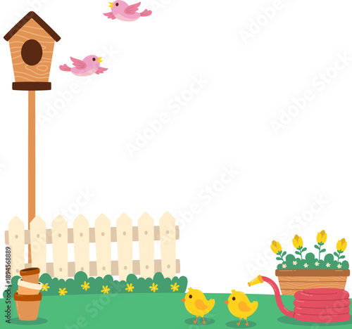 Colorful Garden Scene with Birds and Flowers