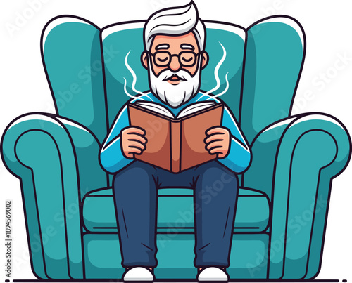 Relaxed elderly man with white hair and glasses reading a captivating book in a large teal armchair.