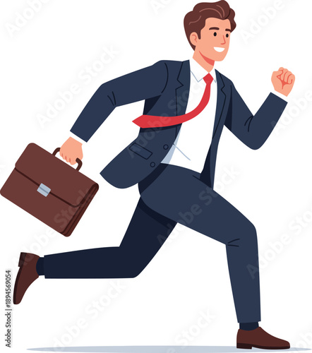 Smiling businessman in a blue suit and red tie running with a brown briefcase.