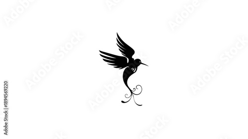 An elegant black silhouette of a bird in flight, featuring long decorative tail feathers and a sharp beak, resembling a hummingbird or a mythical bird.