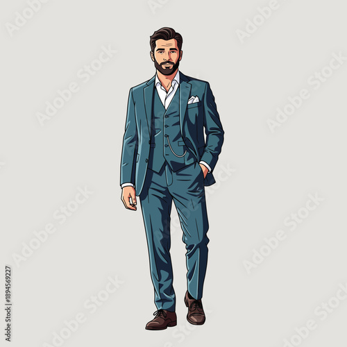 Stylish bearded man in a modern teal threepiece suit posing with hand in pocket.
