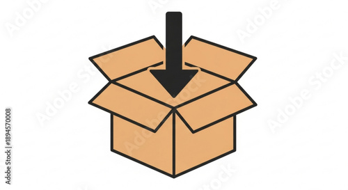 An open cardboard box with flaps lifted and a large black arrow pointing downwards into it