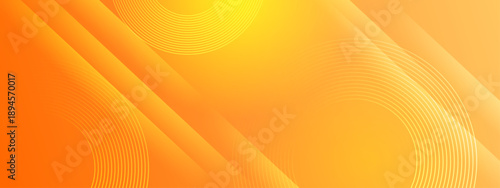 Warm orange and yellow gradient background decorated with high-tech circular elements and sharp diagonal light beams