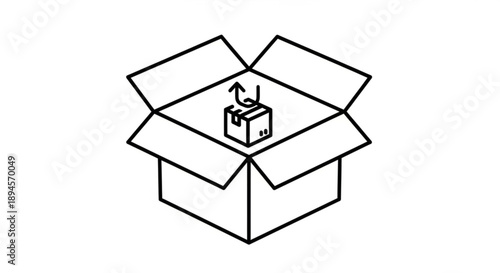 An open cardboard box containing a smaller box with flaps open viewed from above in a simple line drawing