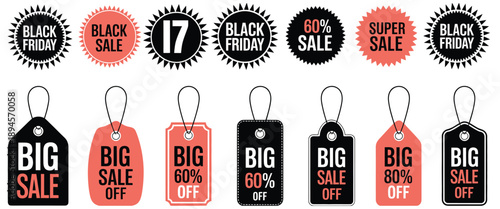 Collection of Sale Discount Tags and Labels, Featuring Black Friday Promotions, Big Sale Offers, and Vector Price Badge Designs for Commercial Advertising and Online Store Graphics.