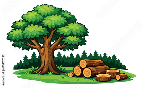Cartoon illustration of a robust tree with stacked wood logs depicting a woodland scene for nature and timber concepts
