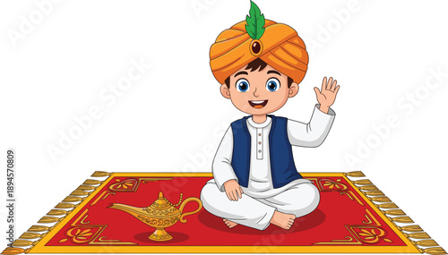 Cartoon boy in turban sitting on magic carpet with genie lamp Keywords: boy, child, kid, sitting, magic carpet, genie lamp