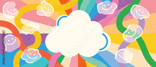 Kids rainbow abstract background vector with colorful curves, smiling icons and cloud shapes. Playful illustration design for children posters, wall art and education.