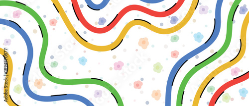 Kids abstract line background vector with colorful wavy stripes and soft dots. Playful illustration design for children posters, wall art and creative projects.