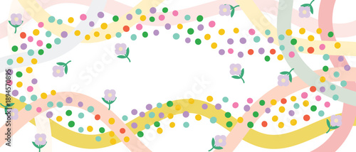 Kids playful abstract background vector with colorful dots, flowers and flowing ribbon shapes. Fun illustration design for children posters, wall art and creative decor.