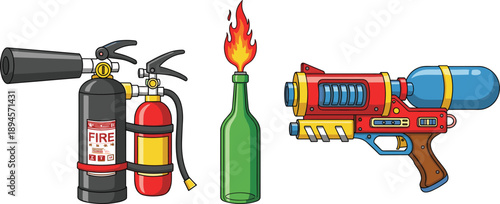 Collection of Safety and Danger Objects Fire Extinguisher Molotov Cocktail Water Gun bottle flame
