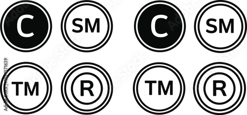 Copyright trademark and registered symbol icons in black and white on white background Keywords: copyright, trademark