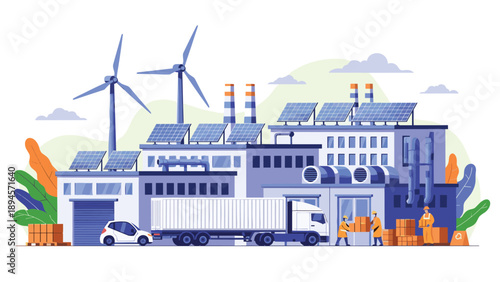 Sustainable factory facility equipped with solar panels and wind turbines demonstrating green energy use for industrial production and logistics.