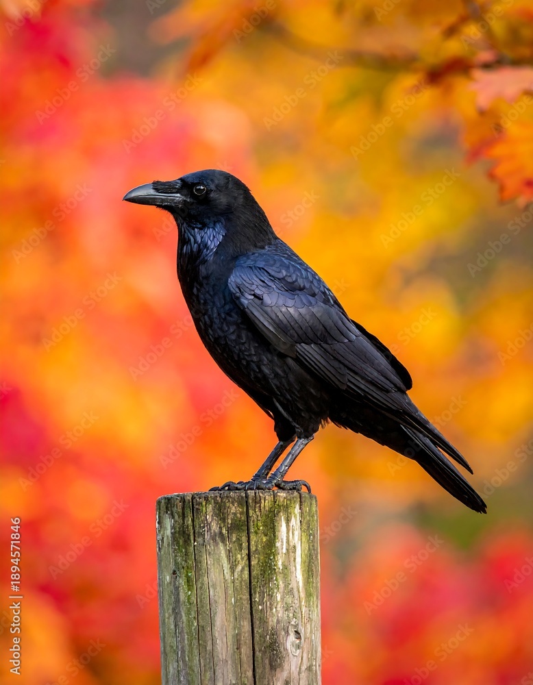 Naklejka premium A black bird perched atop a weathered wooden post, surrounded by vibrant autumn foliage