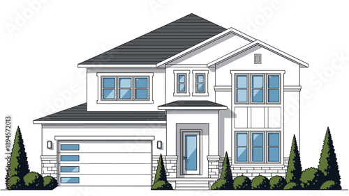 Modern two-story suburban family home with a white facade and a two-car garage featuring neat landscaping and coniferous trees in the front yard.