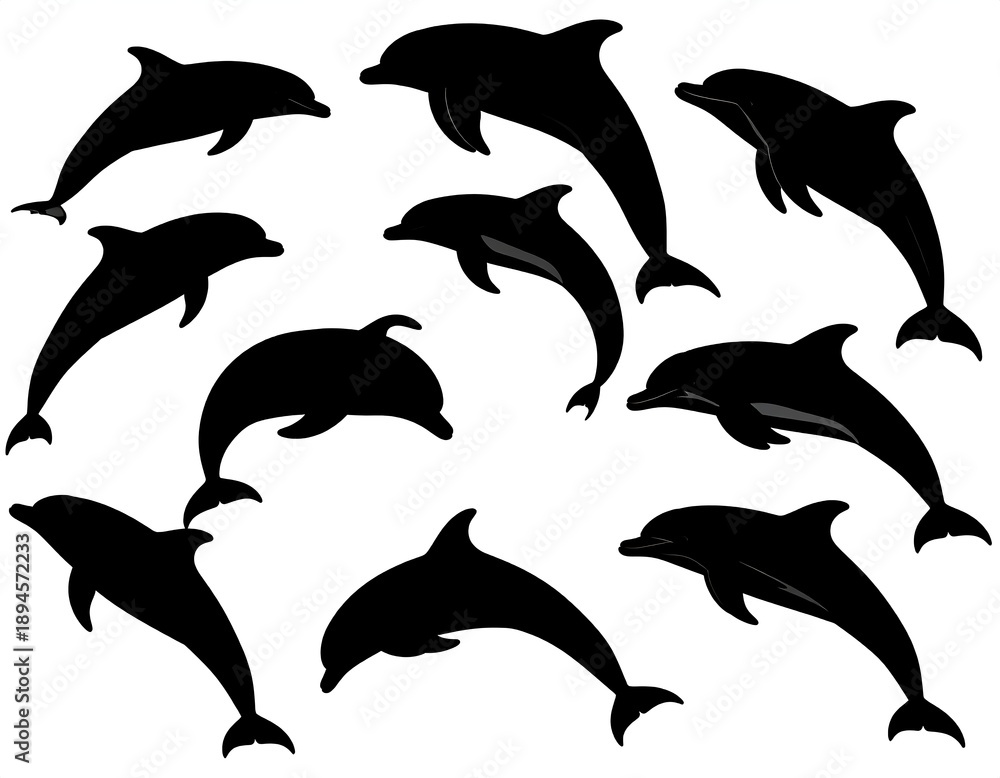 Fototapeta premium Black dolphin silhouettes on a white background, in various poses