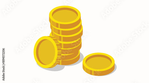 Stack of gold coins with coin leaning and lying flat money currency