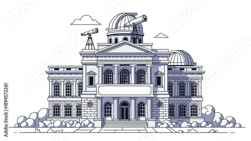 Detailed architectural illustration of an astronomical observatory building with multiple telescope domes and classical pillars in a clean grey style.