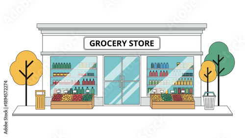 Neighborhood grocery store storefront with large glass windows showing stocked shelves and fresh produce bins displayed outside on the sidewalk.