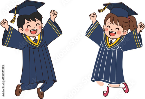 Happy cartoon graduates jumping with joy in graduation gowns and caps Keywords: cartoon, graduates, boy, girl, jumping, joy