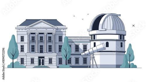 Classical university campus building featuring an astronomical observatory dome and a telescope for academic research and astronomical study.