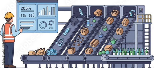 Industrial worker monitors automated production line with various products being processed through multiple conveyor belts in a modern factory setting from a slightly elevated viewpoint