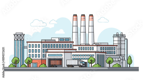 Large industrial manufacturing complex with multiple interconnected buildings and tall smoking chimneys featuring freight trucks for goods transport.