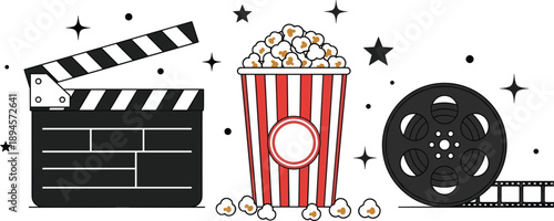 Movie Night Cinema Icons Clapperboard Popcorn Film Reel Stars vector illustration
