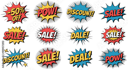 Comic Book Style Sale Badges for Discounts, Deals, and Savings, Bold Promotional Graphics Designed for Advertising Campaigns, Marketing Materials, and Eye Catching Retail Promotions.