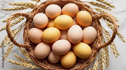 Rustic Bounty: An inviting basket overflows with freshly collected eggs, complemented by golden wheat, presenting a natural and wholesome display of farm-fresh goodness.