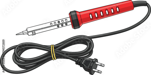 Red Soldering Iron with Black Power Cord and Plug on White Background tool electronics
