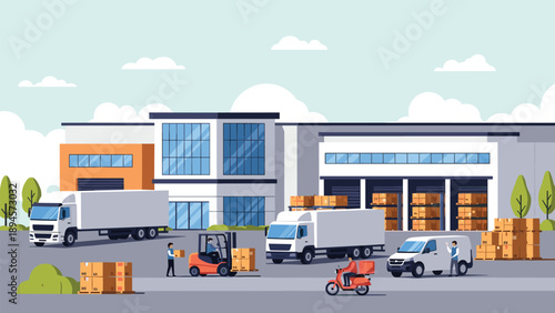 Busy logistics distribution center hub featuring freight trucks, vans, and a scooter with workers and forklifts managing cargo in a modern facility.