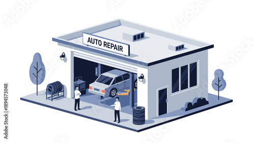 Isometric auto repair garage featuring a car on a hydraulic lift and mechanics working with tires and professional tools in a clean workspace.