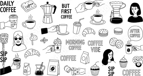 Hand-drawn Coffee Doodle Collection Featuring Beverages, Snacks, and People Enjoying Daily Rituals