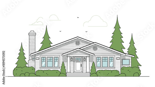 Charming single-story suburban family home with a white wood facade and a grey roof nestled among tall evergreen trees in a peaceful setting.
