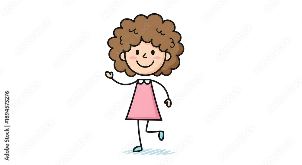 Fototapeta premium A simple character drawing of a female figure with large brown afro style hair wearing a pink dress