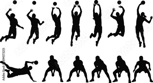 Basketball player silhouette illustration set, jumping dunk dribble poses, athletic training action sequence, sports competition movement, fitness athlete vector design
