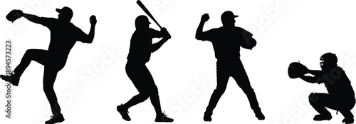 Baseball player silhouette illustration set, pitching batting throwing and catching poses, professional team sports action figures, dynamic athletic motion vector design