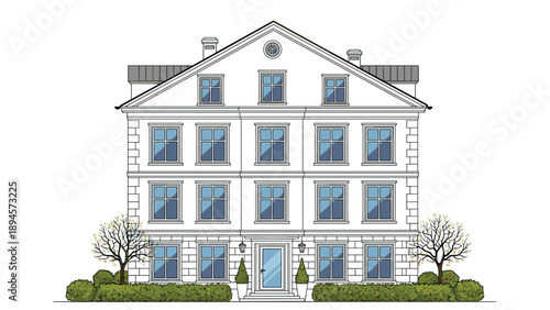 Symmetrical multi-story white building featuring classical architectural elements with many windows and a central entrance flanked by green trees.