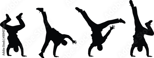 Breakdance handstand silhouette illustration set, urban street dance freeze and power move poses, hip hop acrobatics action, dynamic dancer vector collection