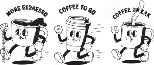Coffee cups in motion: more espresso, coffee to go, coffee break Vector