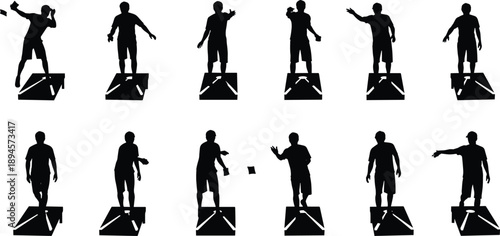 Cornhole toss silhouette illustration set, outdoor lawn game action poses, bean bag throwing players, backyard competition concept, black sport vector design