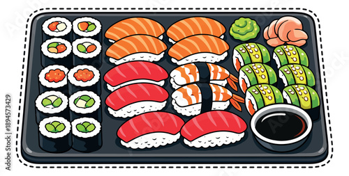Cartoon hand drawn sushi set featuring maki rolls, nigiri, wasabi, and soy sauce for japanese cuisine