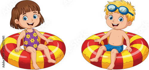 Two smiling children sitting in inflatable swim rings at the pool kids girl