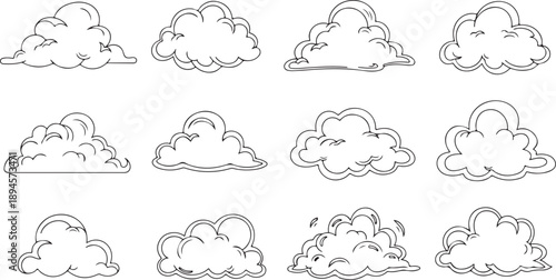 Collection of whimsical cloud illustrations in simple line art style Vector