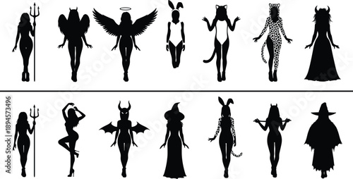 Fantasy female character silhouette illustration set, angels demons witches and animal costumes, mystical cosplay figures, dark mythology theme, black vector collection