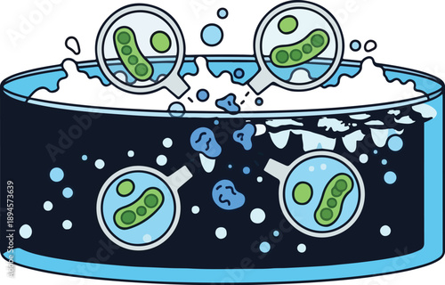 Illustration of bacteria in a petri dish surrounded by liquid and bubbles viewed from the side