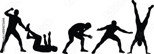 Martial arts training silhouette illustration set, combat practice and acrobatic moves, fighting techniques poses, strength agility workout, dynamic athlete black vector design