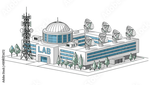 Advanced scientific laboratory facility labeled lab featuring multiple satellite dishes and a large radio tower for deep space research and monitoring.
